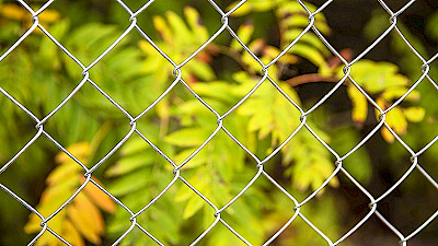galvanized chain link mesh in autumn with colourful leaves.