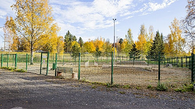 Kolmilankaelementeillä aidattu koirapuisto